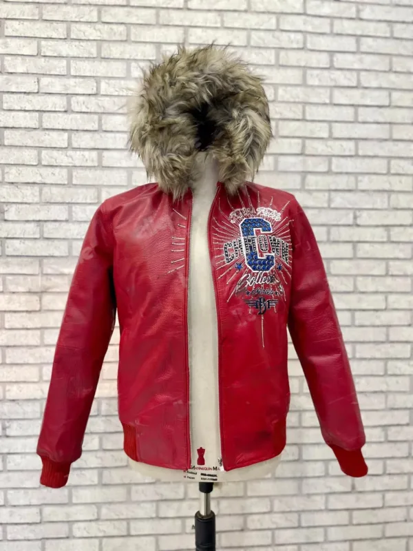 Authentic Pelle Pelle ChiTown Fur Hooded Red Leather Jacket