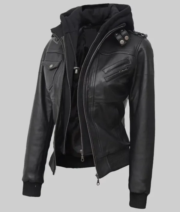 Black-leather-bomber-jacket-with-hood-for-tall-women