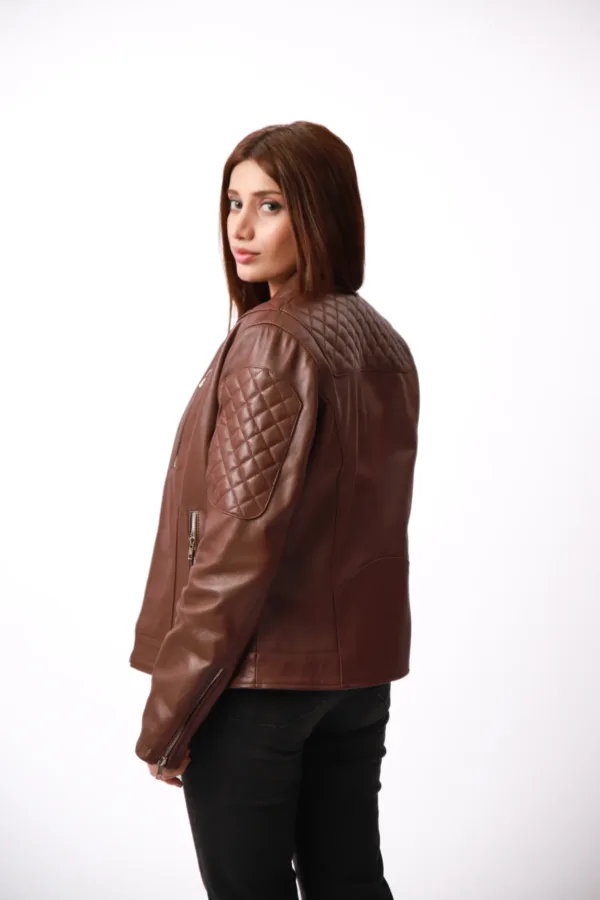 Quilted Shoulder Brown Leather Jacket