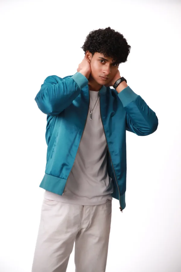 Men’s Teal Satin Bomber Jacket