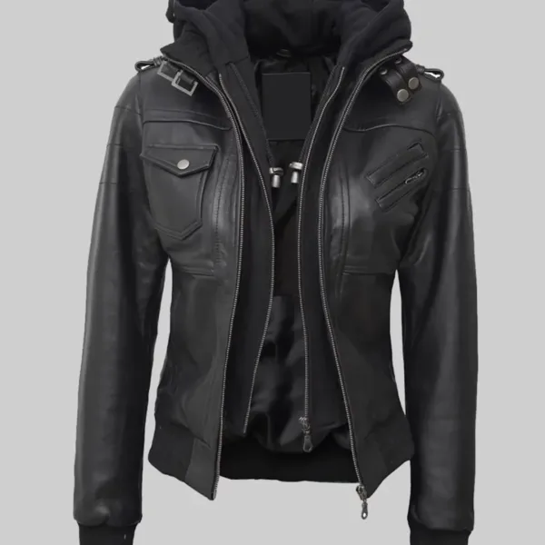 Tall-fit-black-leather-bomber-jacket-with-hood
