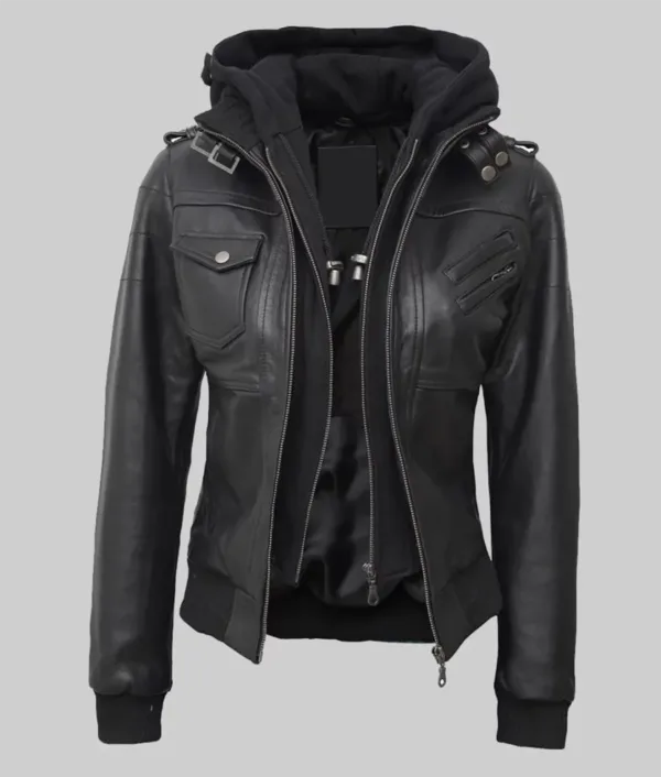 Tall-fit-black-leather-bomber-jacket-with-hood