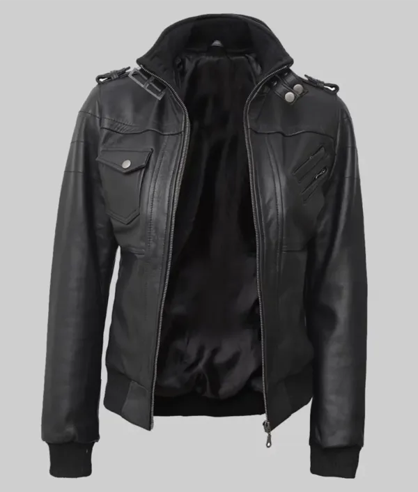 Womens-tall-black-leather-outerwear-with-hood