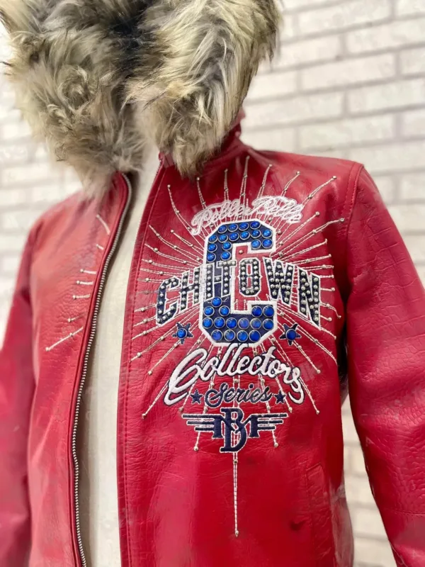 Authentic Pelle Pelle ChiTown Fur Hooded Red Leather Jacket